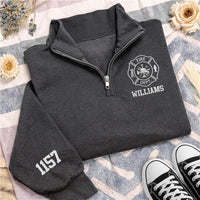 Personalized Firefighter Embroidered Quarter Zip Sweatshirt, Fire Department Pullover, Numbered Sleeve, Crew Gear, Custom Team Gift