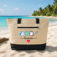 Personalized Nurse Tote Bag with Zipper, Custom Name Canvas Tote, Medical Icon Work Organizer, Hospital Shift Bag, Nurse Appreciation Gift