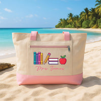 Custom Teacher Tote Bag with Zipper, Personalized Name Canvas Tote, Books and Apple Design, Classroom Supplies Bag, Gift for Teacher