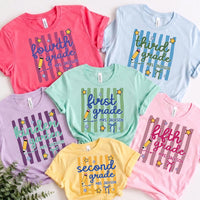 Personalized Teacher Grade Shirt, Custom Kindergarten to Fifth Grade Tee, Retro Pencil Top, Back to School Outfit, Gift for Teacher
