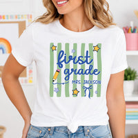 Personalized Teacher Grade Shirt, Custom Kindergarten to Fifth Grade Tee, Retro Pencil Top, Back to School Outfit, Gift for Teacher