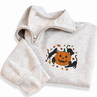 Halloween Cats Embroidered Quarter Zip Sweatshirt, Black Cat Pumpkin Pullover, Halloween Party Layer for Cat Lovers, Cute Festive Gift
