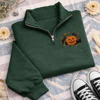 Halloween Cats Embroidered Quarter Zip Sweatshirt, Black Cat Pumpkin Pullover, Halloween Party Layer for Cat Lovers, Cute Festive Gift