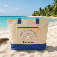 Personalized Teacher Tote Bag with Zipper, Custom Name Pastel Rainbow Canvas Tote, Classroom Organization Bag, End of Year Teacher Gift