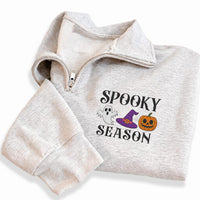 Spooky Season Embroidered Quarter Zip Sweatshirt, Halloween Ghost Pumpkin Pullover, Cozy Autumn Party Layer, Festive Halloween Gift