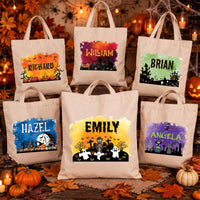 Personalized Halloween Canvas Tote Bag, Custom Name Trick or Treat Bag, Kids Candy Sack, Spooky Party Tote, Halloween Gift for Kids