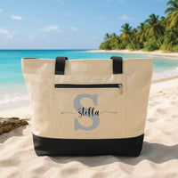 Personalized Initial Tote Bag with Zipper, Custom Name Monogram Canvas Bag, Pink Letter Design, Beach Travel Tote, Travel Gift for Her