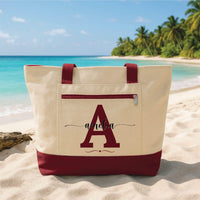 Personalized Initial Tote Bag with Zipper, Custom Name Monogram Canvas Bag, Pink Letter Design, Beach Travel Tote, Travel Gift for Her