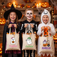 Personalized Halloween Tote Bag, Kids Trick or Treat Bag, Custom Name Canvas Tote, Halloween Candy Bag, Spooky Season Gift for Kids