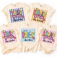 Personalized Grade Teacher Shirt, Custom Teacher Name Tee, Pre-K to Third Grade Top, Cute Dinosaur Classroom Outfit, Back to School Gift
