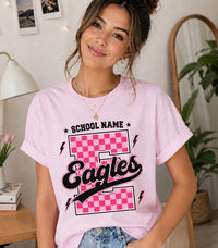 Personalized School Mascot Shirt, Custom School Name Spirit Tee, Checkerboard Varsity T-Shirt, Pep Rally Student Outfit, Coach Gift