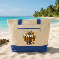Personalized Fall Reader Tote Bag with Zipper, Custom Name Pumpkin Books Canvas Tote, Book Lover Canvas Bag, Thanksgiving Gift for Reader
