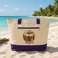 Personalized Fall Reader Tote Bag with Zipper, Custom Name Pumpkin Books Canvas Tote, Book Lover Canvas Bag, Thanksgiving Gift for Reader