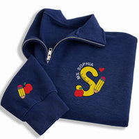 Personalized Teacher Embroidered Quarter Zip Sweatshirt, Custom Initial Pullover, Classroom Layer, School Staff Outfit, Teacher Gift