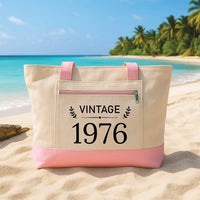 Personalized 50th Birthday Tote Bag with Zipper, Custom 1976 Birth Year Canvas Tote Bag, Vintage Milestone Carryall, Birthday Gift for Her