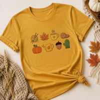 Fall Icons Embroidered Shirt, Cozy Autumn Sweatshirt, Pumpkin Coffee Knitting Hoodie, Holiday T-Shirt, Cozy Fall Gift for Women