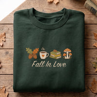 Fall In Love Embroidered Sweatshirt, Autumn Bookish Hoodie, Coffee and Mushroom Shirt, Cozy Reading Crewneck, Book Lover Fall Gift