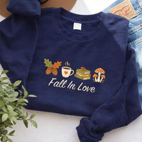 Fall In Love Embroidered Sweatshirt, Autumn Bookish Hoodie, Coffee and Mushroom Shirt, Cozy Reading Crewneck, Book Lover Fall Gift