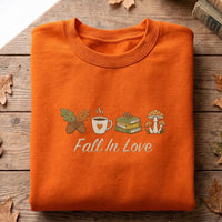 Fall In Love Embroidered Sweatshirt, Autumn Bookish Hoodie, Coffee and Mushroom Shirt, Cozy Reading Crewneck, Book Lover Fall Gift