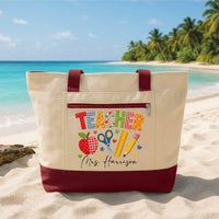 Personalized Teacher Tote Bag with Zipper, Custom Name Canvas Tote, Colorful School Supplies, Teacher Work Bag, Back to School Gift