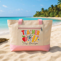 Personalized Teacher Tote Bag with Zipper, Custom Name Canvas Tote, Colorful School Supplies, Teacher Work Bag, Back to School Gift
