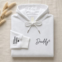 Personalized Dad Embroidered Hoodie, Custom Papa Sweatshirt, Kids Names on Sleeve Shirt, Wear My Heart Crewneck, New Dad Gift for Him
