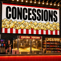 Concessions Popcorn Vinyl Banner Sign, Red White Snack Bar Decor, Waterproof Grommet Display, Event Table Banner, Vendor Booth Sign