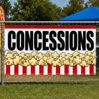 Concessions Popcorn Vinyl Banner Sign, Red White Snack Bar Decor, Waterproof Grommet Display, Event Table Banner, Vendor Booth Sign