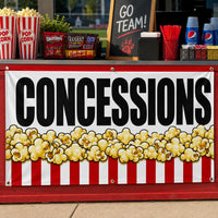 Concessions Popcorn Vinyl Banner Sign, Red White Snack Bar Decor, Waterproof Grommet Display, Event Table Banner, Vendor Booth Sign