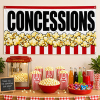 Concessions Popcorn Vinyl Banner Sign, Red White Snack Bar Decor, Waterproof Grommet Display, Event Table Banner, Vendor Booth Sign