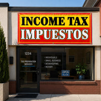 Income Tax Impuestos Vinyl Banner, Bilingual Tax Preparation Sign, Waterproof Outdoor Display, Trade Show Display, Business Banner Sign