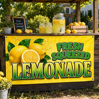 Fresh Squeezed Lemonade Vinyl Banner, Bright Yellow Drink Stand Sign, Waterproof Outdoor Display, Event Table Banner, Small Business Sign