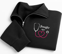 Personalized Nurse Embroidered Quarter Zip Sweatshirt, Custom RN Name Top, Stethoscope Heart Top, Hospital Shift Pullover, New RN Gift