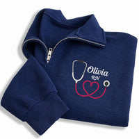 Personalized Nurse Embroidered Quarter Zip Sweatshirt, Custom RN Name Top, Stethoscope Heart Top, Hospital Shift Pullover, New RN Gift