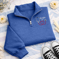 Personalized Nurse Embroidered Quarter Zip Sweatshirt, Custom RN Name Top, Stethoscope Heart Top, Hospital Shift Pullover, New RN Gift