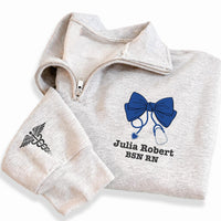 Personalized Nurse Embroidered Quarter Zip Sweatshirt, Custom RN Name Pullover, Bow Stethoscope Top, Scrub Layering Top, New Nurse Gift