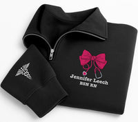 Personalized Nurse Embroidered Quarter Zip Sweatshirt, Custom RN Name Pullover, Bow Stethoscope Top, Scrub Layering Top, New Nurse Gift
