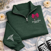 Personalized Nurse Embroidered Quarter Zip Sweatshirt, Custom RN Name Pullover, Bow Stethoscope Top, Scrub Layering Top, New Nurse Gift