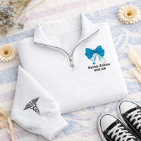 Personalized Nurse Embroidered Quarter Zip Sweatshirt, Custom RN Name Pullover, Bow Stethoscope Top, Scrub Layering Top, New Nurse Gift