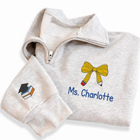 Personalized Teacher Embroidered Quarter Zip Sweatshirt, Custom Name Pullover, Pencil Bow Classroom Top, Educator Outfit, Teacher Gift