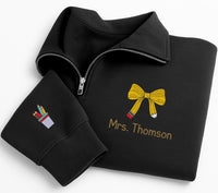 Personalized Teacher Embroidered Quarter Zip Sweatshirt, Custom Name Pullover, Pencil Bow Classroom Top, Educator Outfit, Teacher Gift
