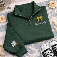 Personalized Teacher Embroidered Quarter Zip Sweatshirt, Custom Name Pullover, Pencil Bow Classroom Top, Educator Outfit, Teacher Gift