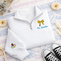 Personalized Teacher Embroidered Quarter Zip Sweatshirt, Custom Name Pullover, Pencil Bow Classroom Top, Educator Outfit, Teacher Gift