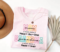 Personalized Mom and Grandma Shirt, Custom Kids and Grandkids Names Tee, Retro Est Year Sweatshirt, Mother's Day Gift, Gift for Grandma
