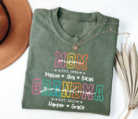 Personalized Mom and Grandma Shirt, Custom Kids and Grandkids Names Tee, Retro Est Year Sweatshirt, Mother's Day Gift, Gift for Grandma