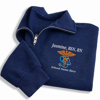 Personalized Nurse Embroidered Quarter Zip Sweatshirt, Custom Name Pullover, Scrub Layering Top, RN Graduation Gift, New Nurse Gift