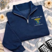 Personalized Nurse Embroidered Quarter Zip Sweatshirt, Custom Name Pullover, Scrub Layering Top, RN Graduation Gift, New Nurse Gift