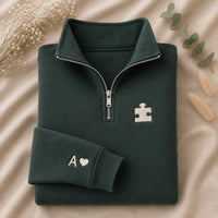 Personalized Couples Embroidered Quarter Zip Sweatshirt, Matching Puzzle Heart Tops, Custom Initial Sleeves, Anniversary Wear, Couple Gift