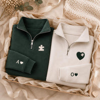 Personalized Couples Embroidered Quarter Zip Sweatshirt, Matching Puzzle Heart Tops, Custom Initial Sleeves, Anniversary Wear, Couple Gift