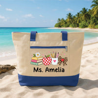 Personalized Teacher Tote Bag with Zipper, Custom Name Canvas Bag, Apple Books and Bow Art, Apple Teacher Tote, Back to School Gift